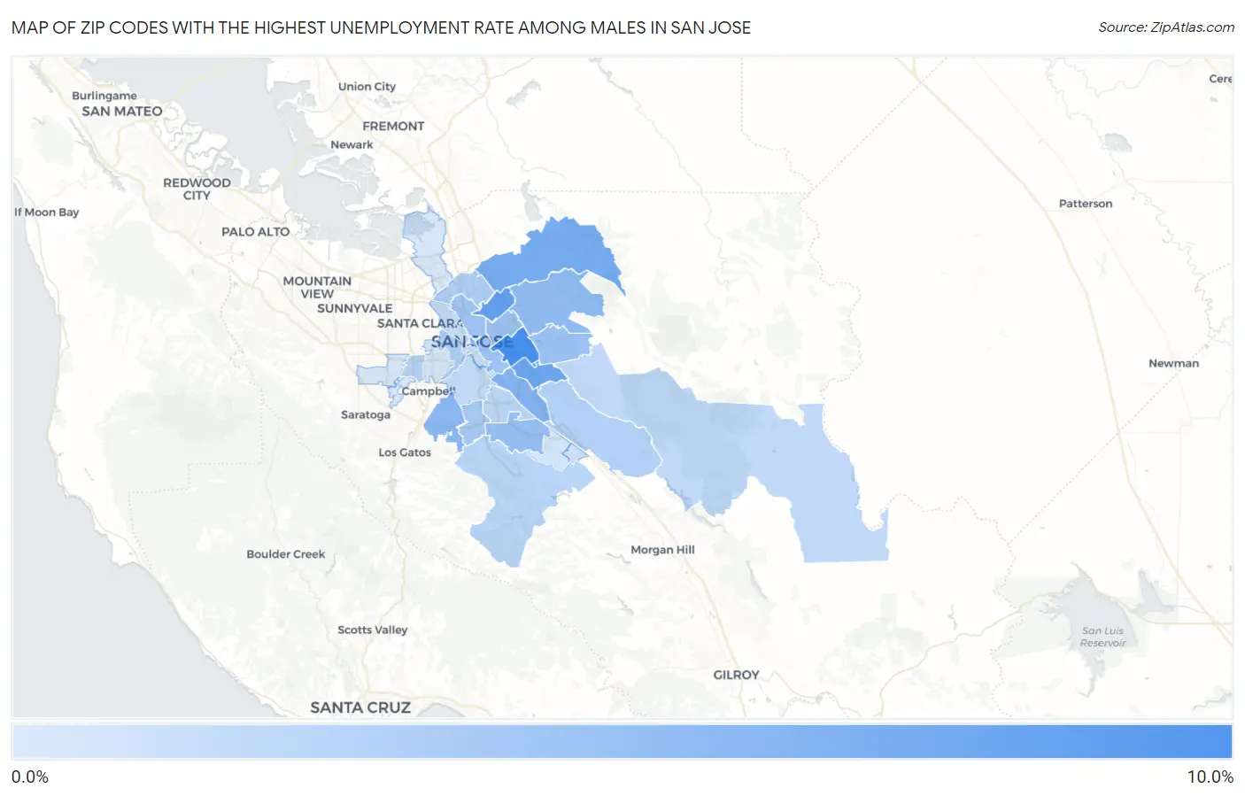 Zip Codes with the Highest Unemployment Rate Among Males in San Jose Map
