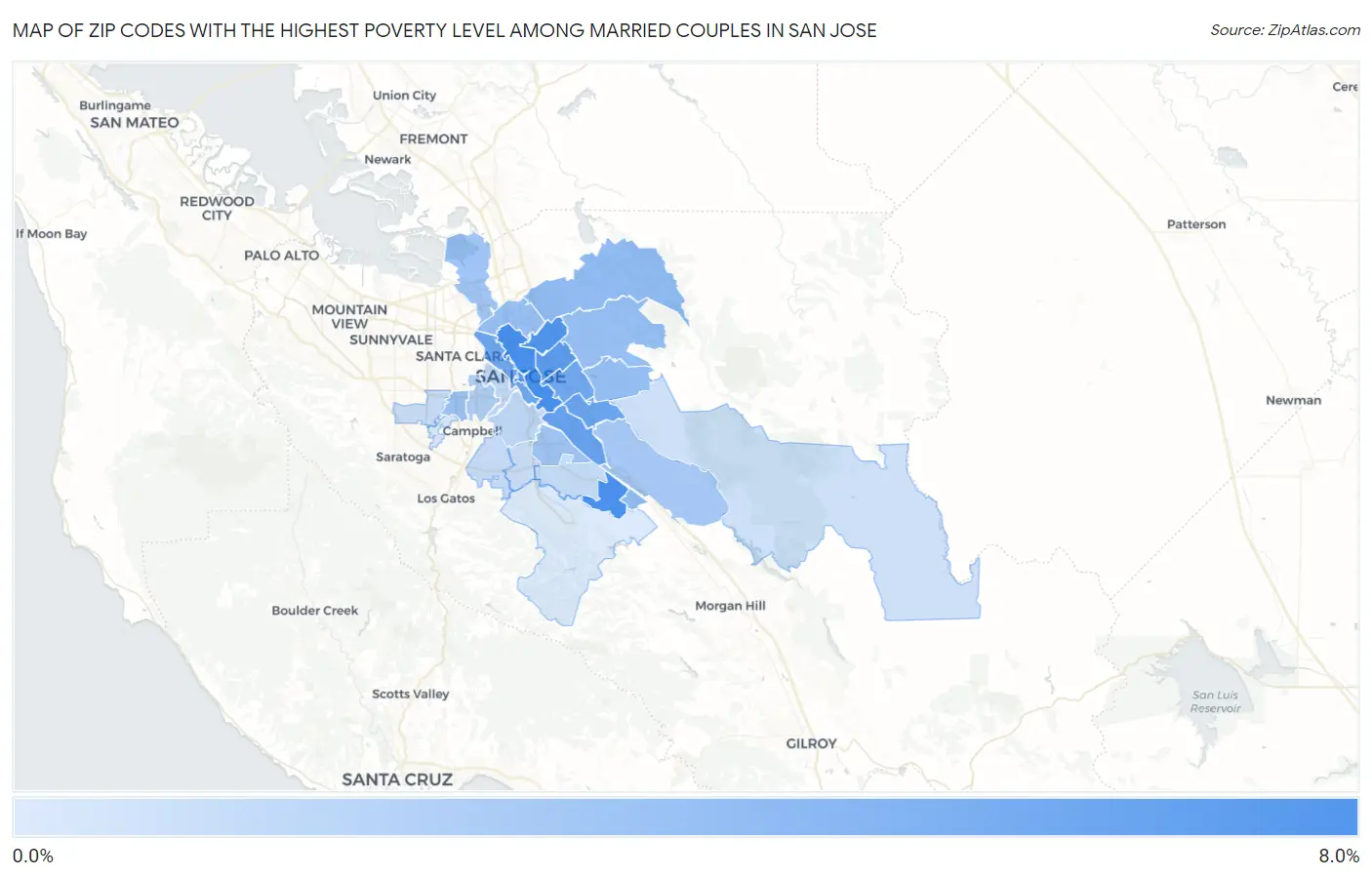 Zip Codes with the Highest Poverty Level Among Married Couples in San Jose Map