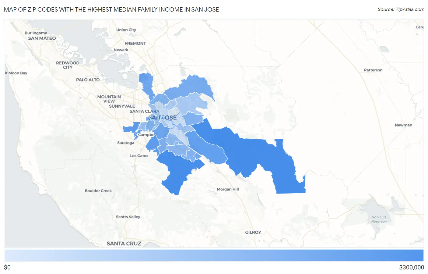 Zip Codes with the Highest Median Family Income in San Jose Map