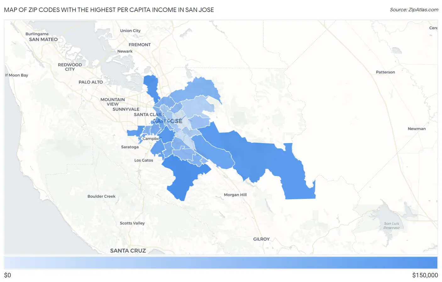 Zip Codes with the Highest Per Capita Income in San Jose Map