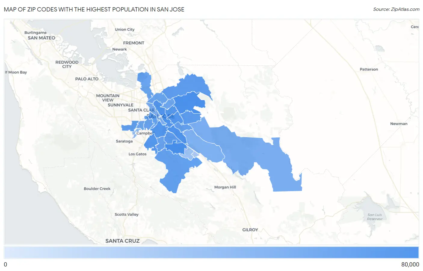 Zip Codes with the Highest Population in San Jose Map