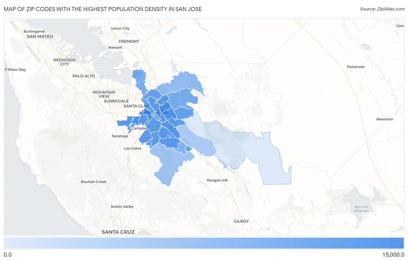 Zip Codes with the Highest Population Density in San Jose Map