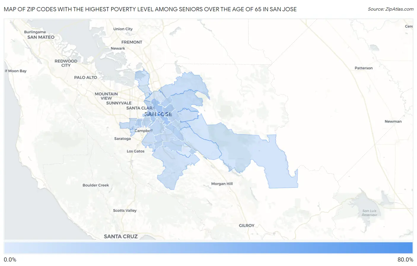 Zip Codes with the Highest Poverty Level Among Seniors Over the Age of 65 in San Jose Map