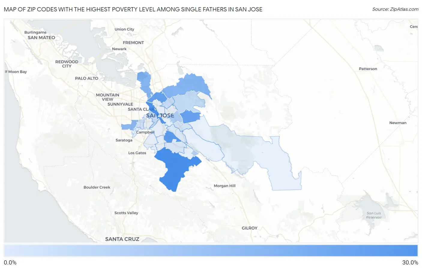 Zip Codes with the Highest Poverty Level Among Single Fathers in San Jose Map
