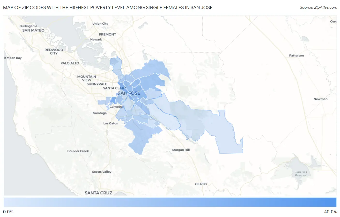 Zip Codes with the Highest Poverty Level Among Single Females in San Jose Map