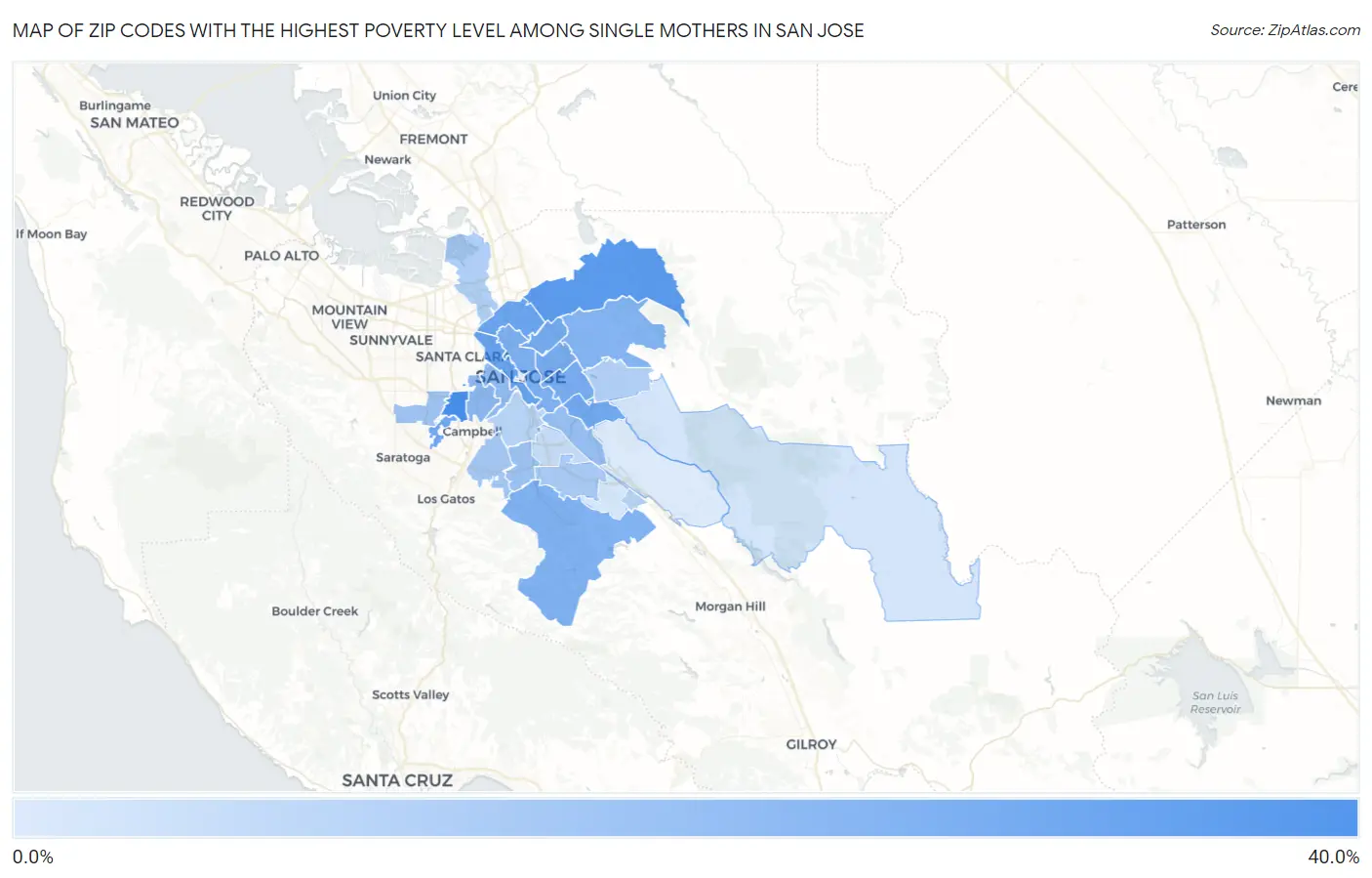 Zip Codes with the Highest Poverty Level Among Single Mothers in San Jose Map