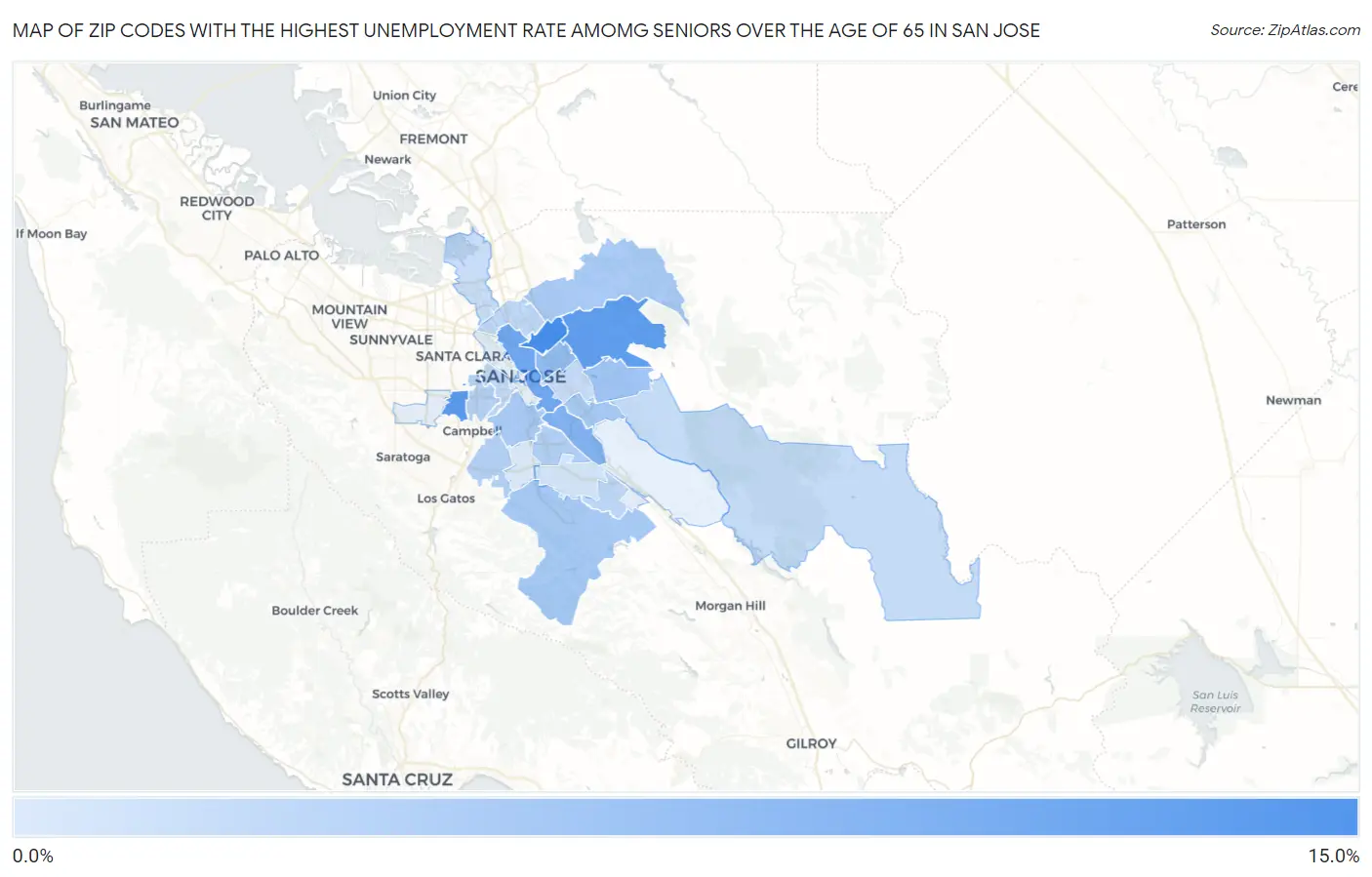 Zip Codes with the Highest Unemployment Rate Amomg Seniors Over the Age of 65 in San Jose Map