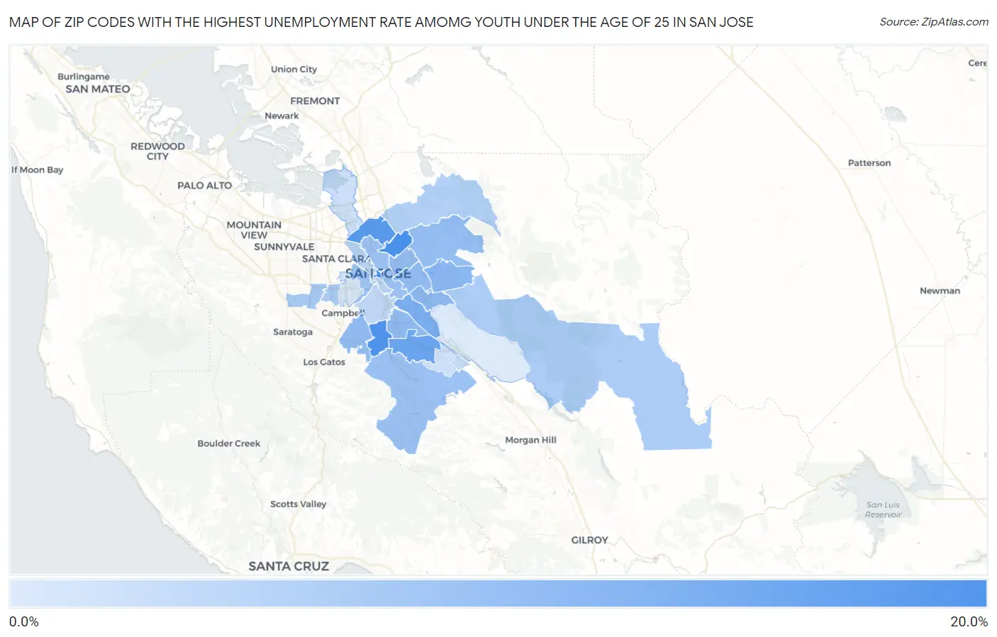 Zip Codes with the Highest Unemployment Rate Amomg Youth Under the Age of 25 in San Jose Map