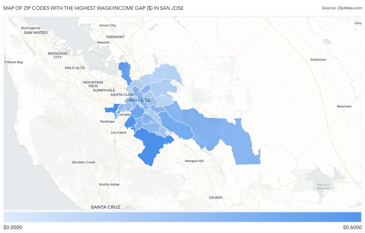 Zip Codes with the Highest Wage/Income Gap ($) in San Jose Map