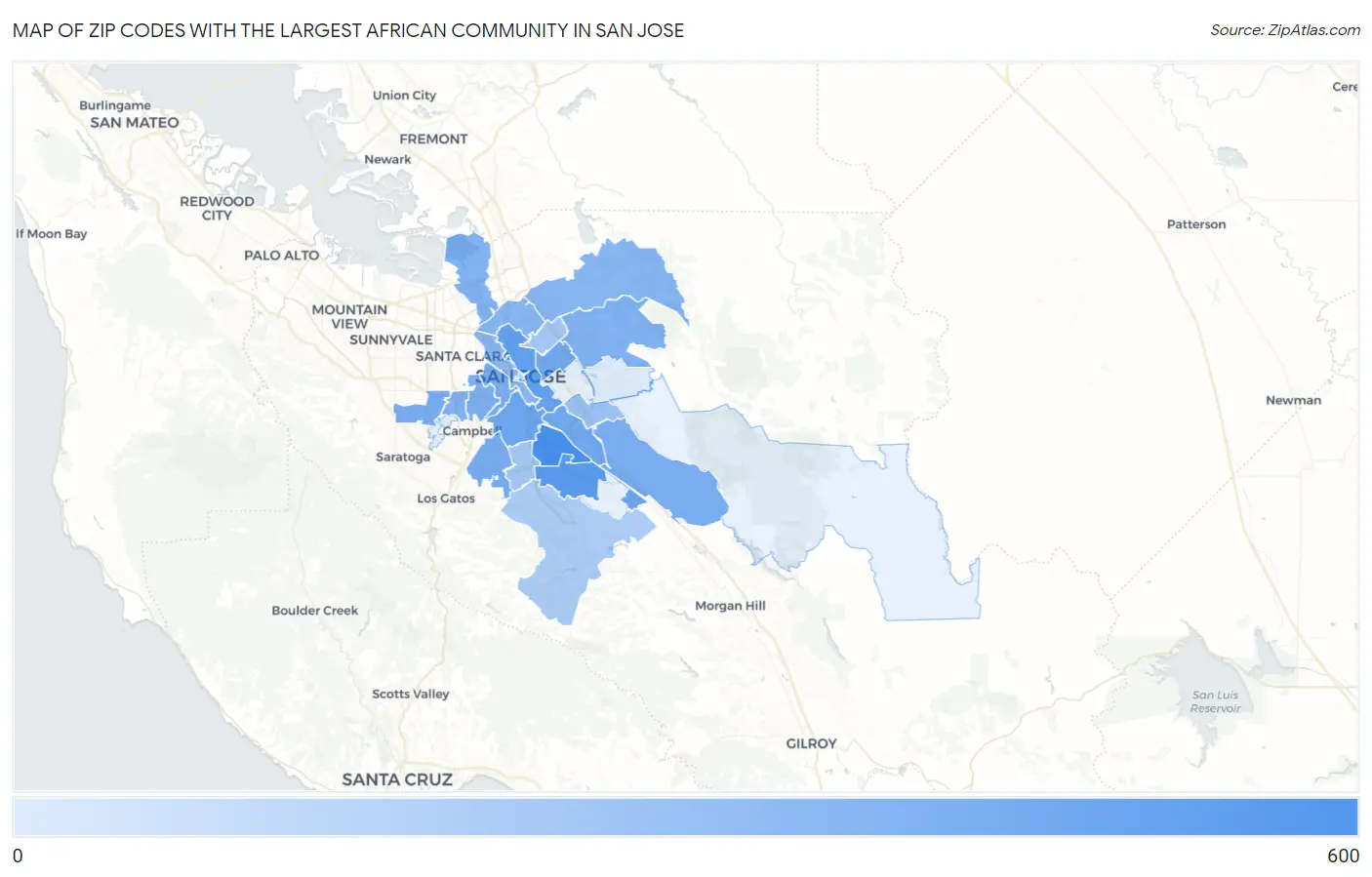 Zip Codes with the Largest African Community in San Jose Map