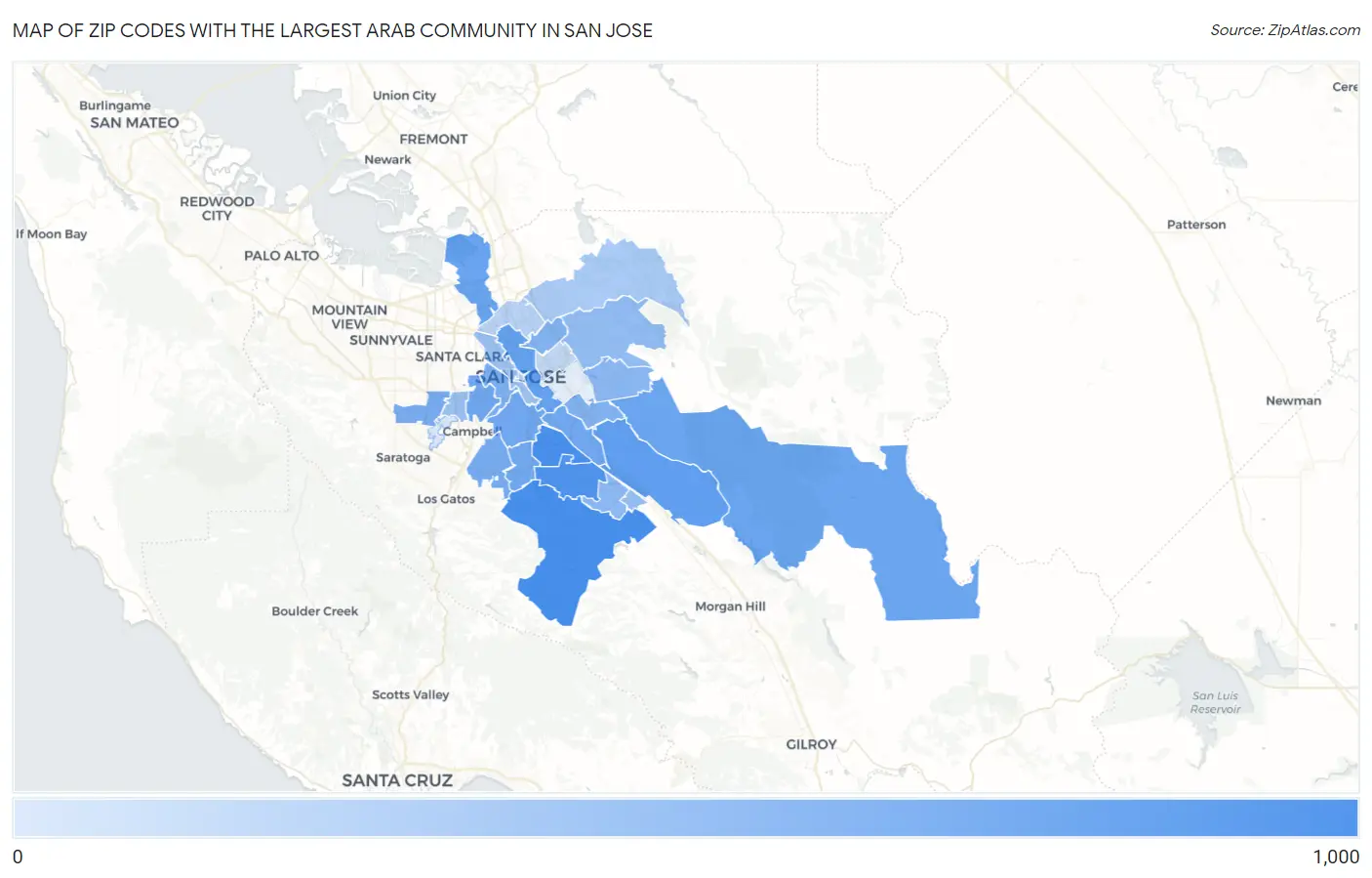 Zip Codes with the Largest Arab Community in San Jose Map
