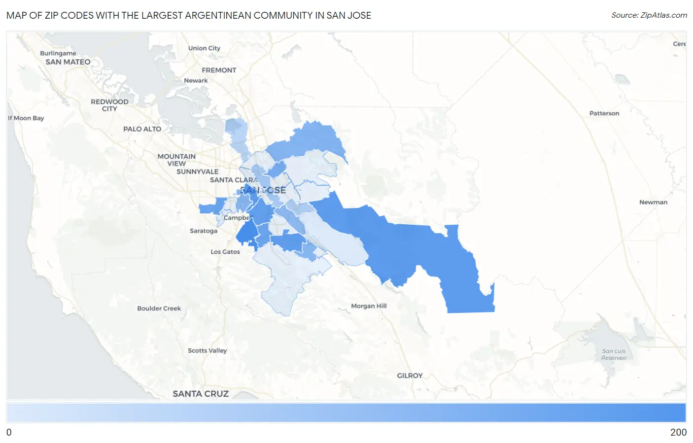 Zip Codes with the Largest Argentinean Community in San Jose Map