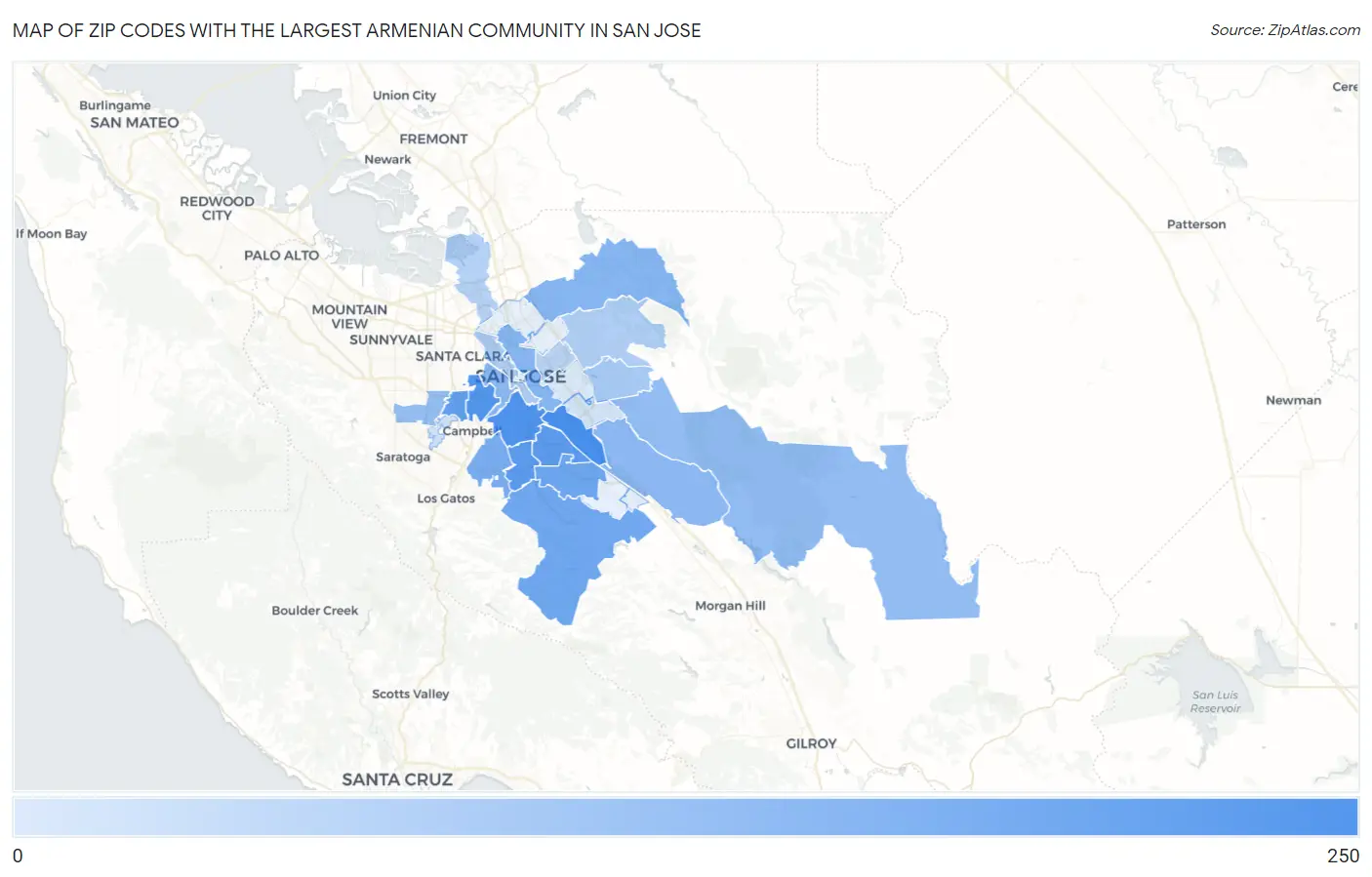 Zip Codes with the Largest Armenian Community in San Jose Map