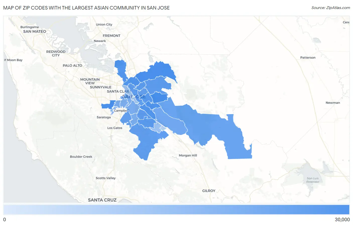 Zip Codes with the Largest Asian Community in San Jose Map