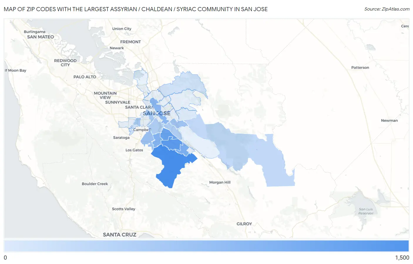 Zip Codes with the Largest Assyrian / Chaldean / Syriac Community in San Jose Map