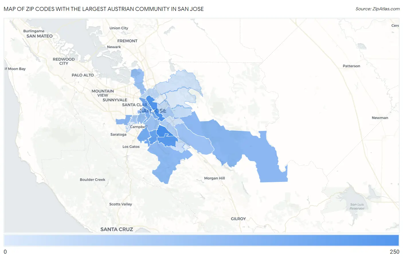 Zip Codes with the Largest Austrian Community in San Jose Map