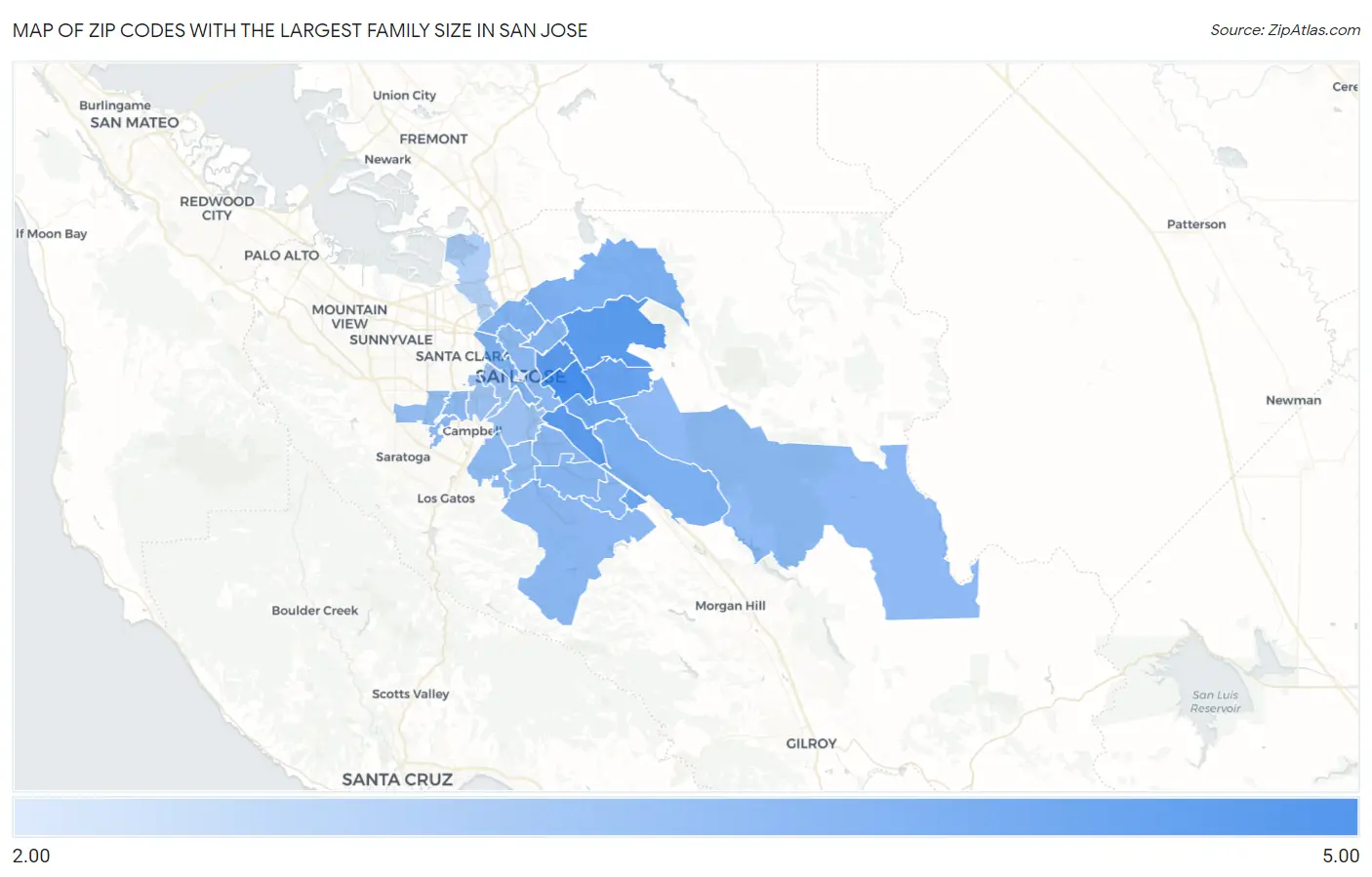 Zip Codes with the Largest Family Size in San Jose Map