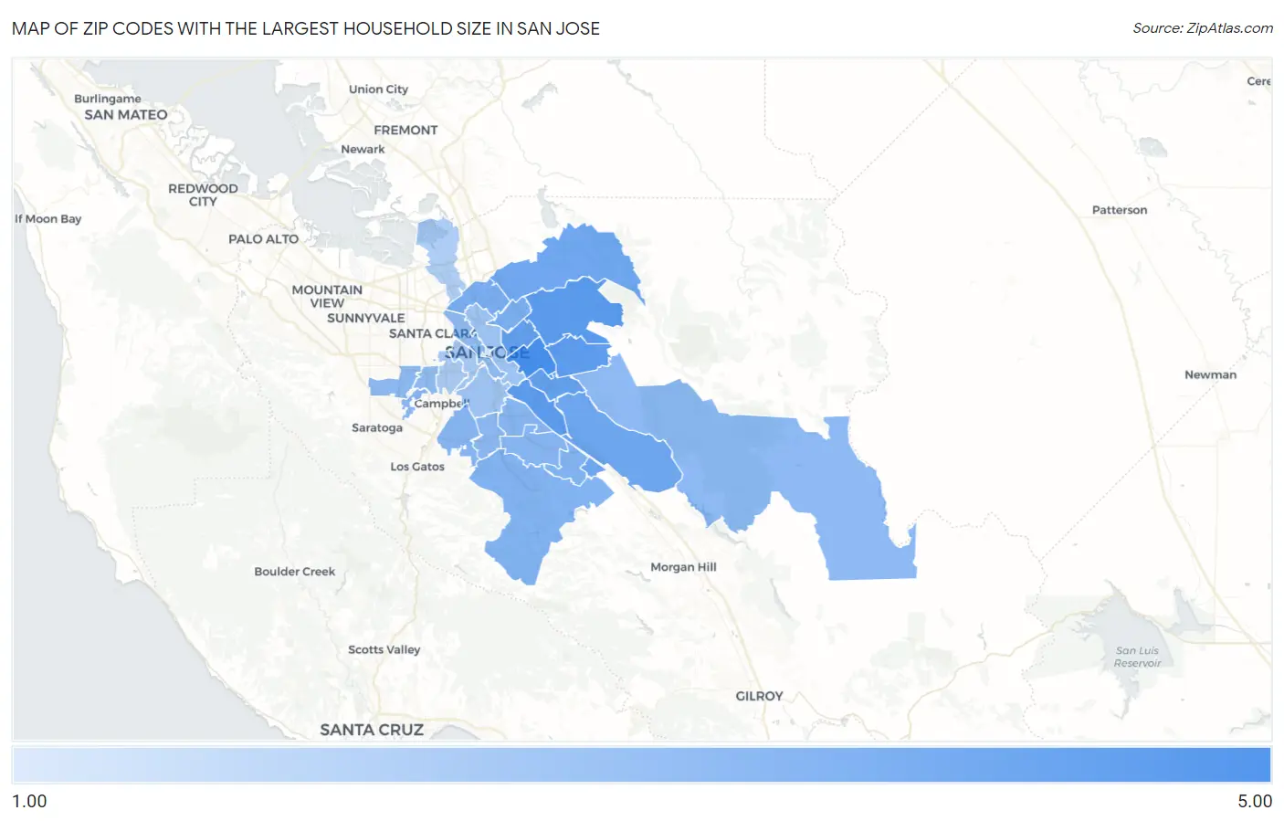 Zip Codes with the Largest Household Size in San Jose Map
