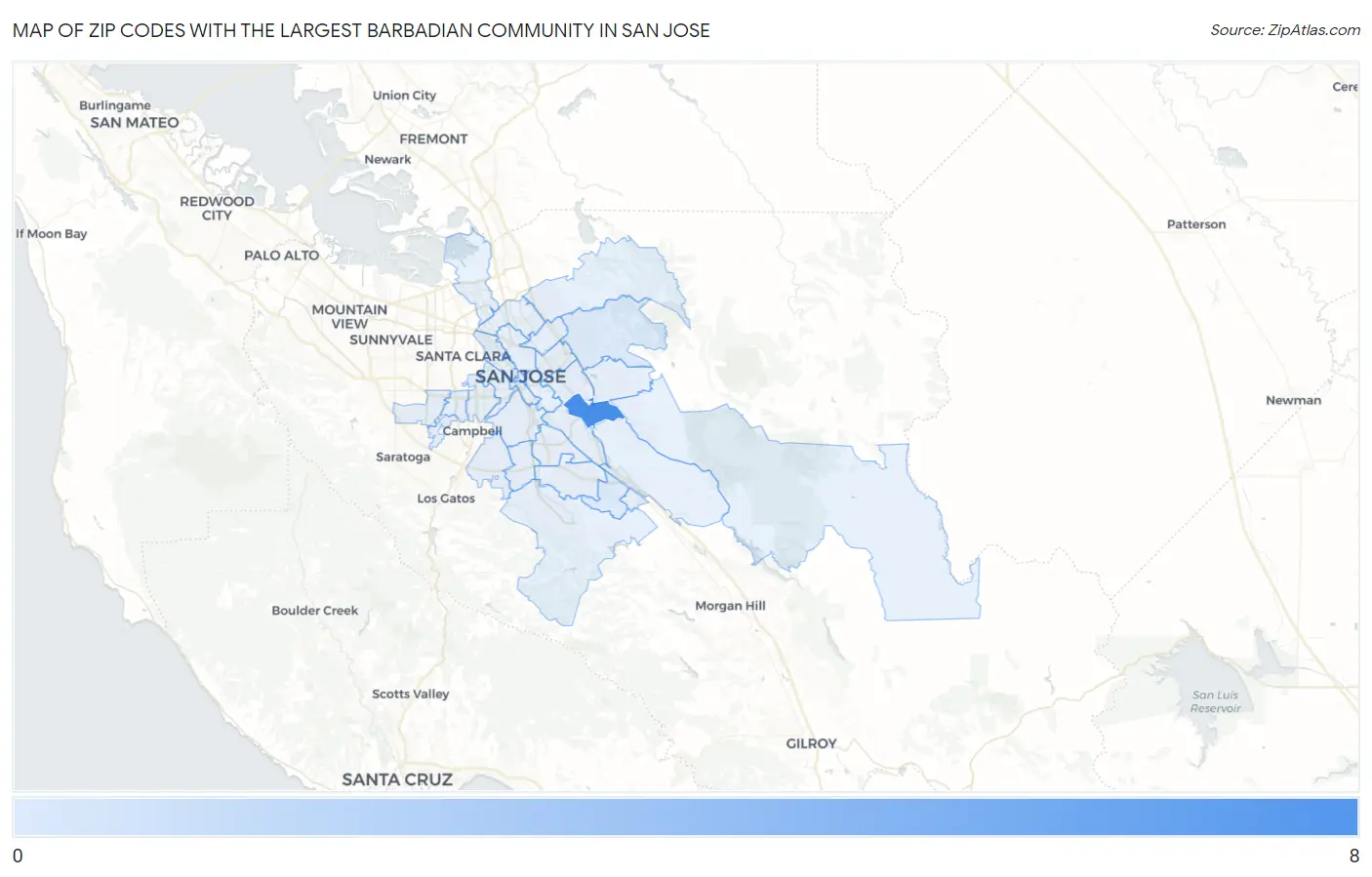 Zip Codes with the Largest Barbadian Community in San Jose Map