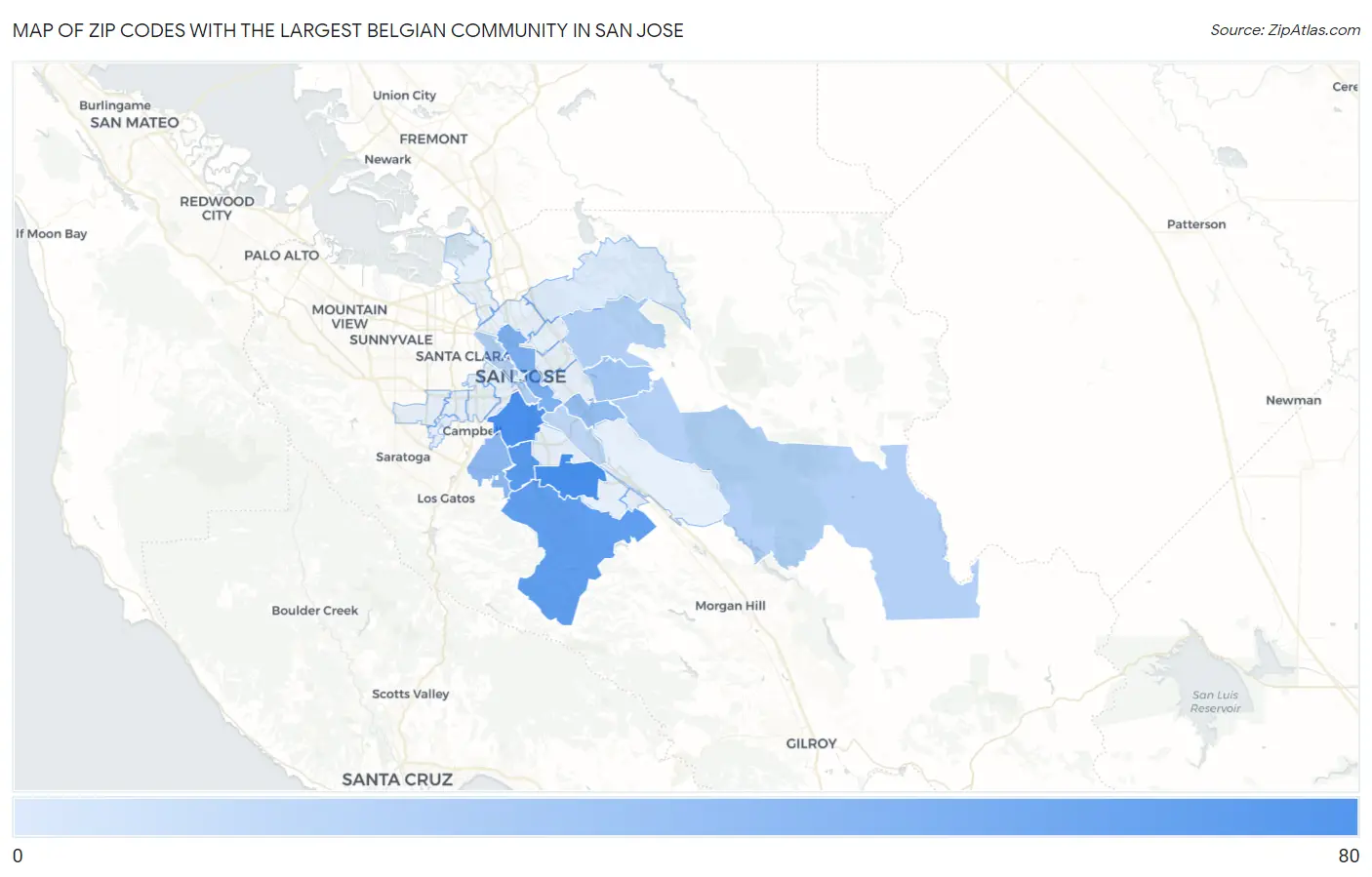 Zip Codes with the Largest Belgian Community in San Jose Map