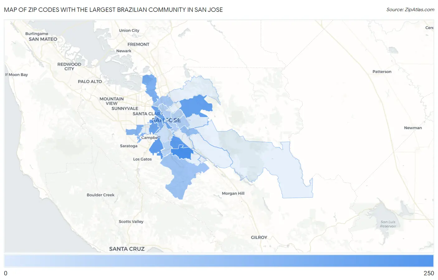 Zip Codes with the Largest Brazilian Community in San Jose Map
