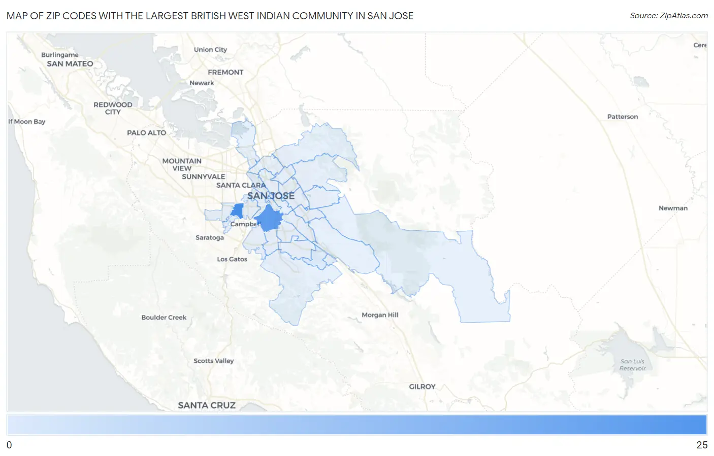 Zip Codes with the Largest British West Indian Community in San Jose Map