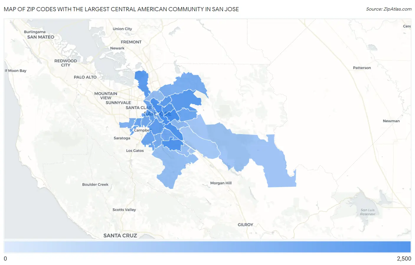 Zip Codes with the Largest Central American Community in San Jose Map