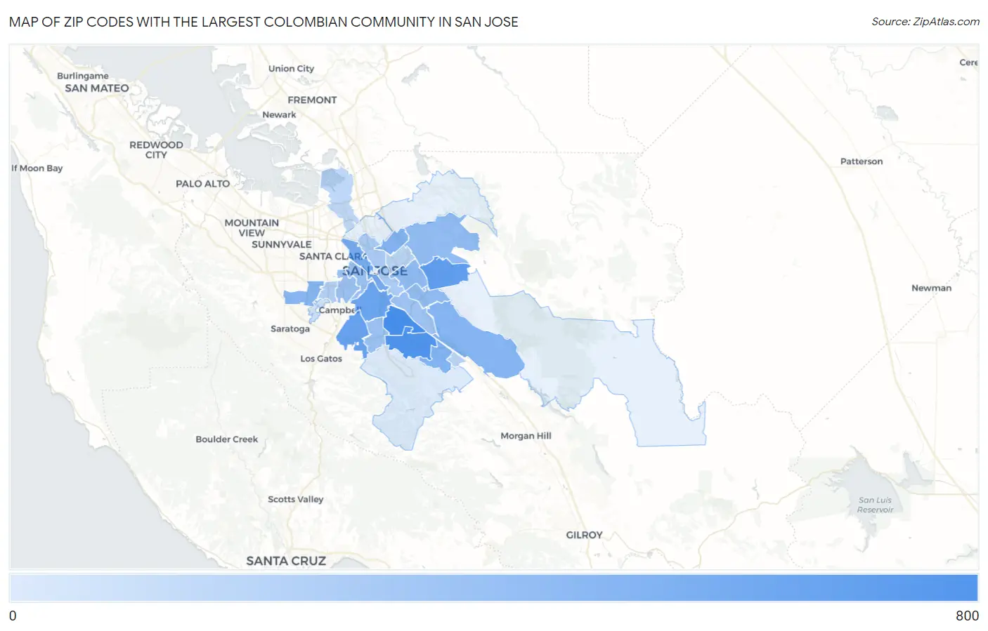 Zip Codes with the Largest Colombian Community in San Jose Map
