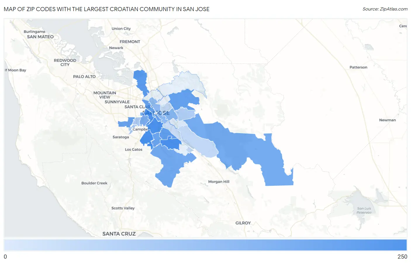 Zip Codes with the Largest Croatian Community in San Jose Map