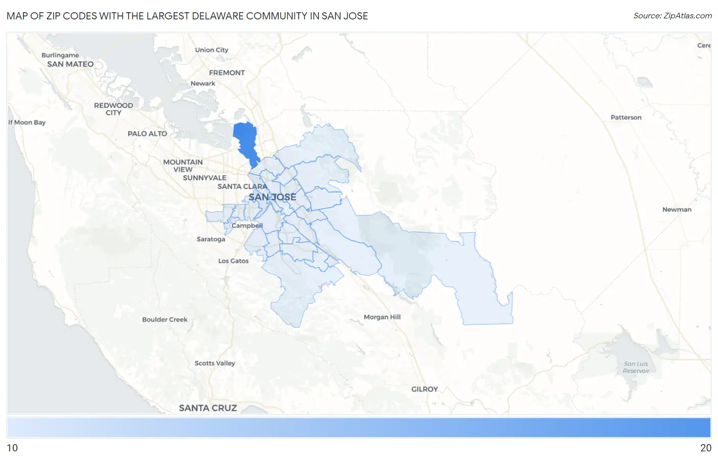 Zip Codes with the Largest Delaware Community in San Jose Map