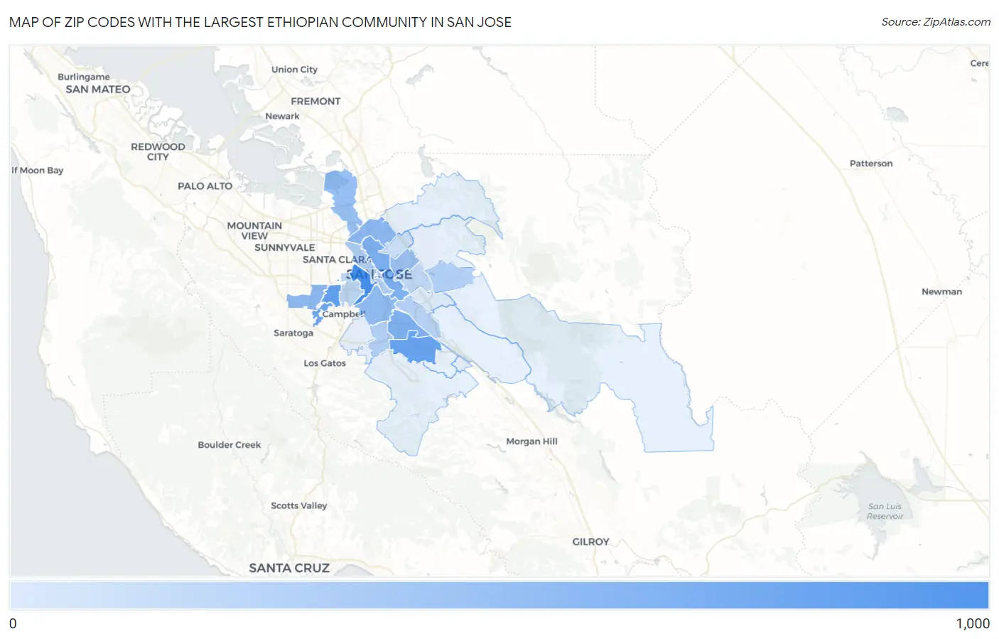 Zip Codes with the Largest Ethiopian Community in San Jose Map