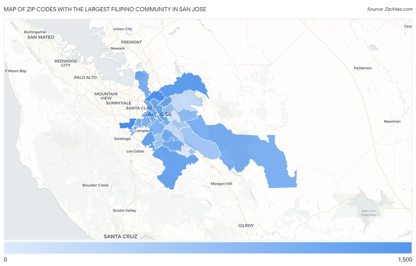 Zip Codes with the Largest Filipino Community in San Jose Map