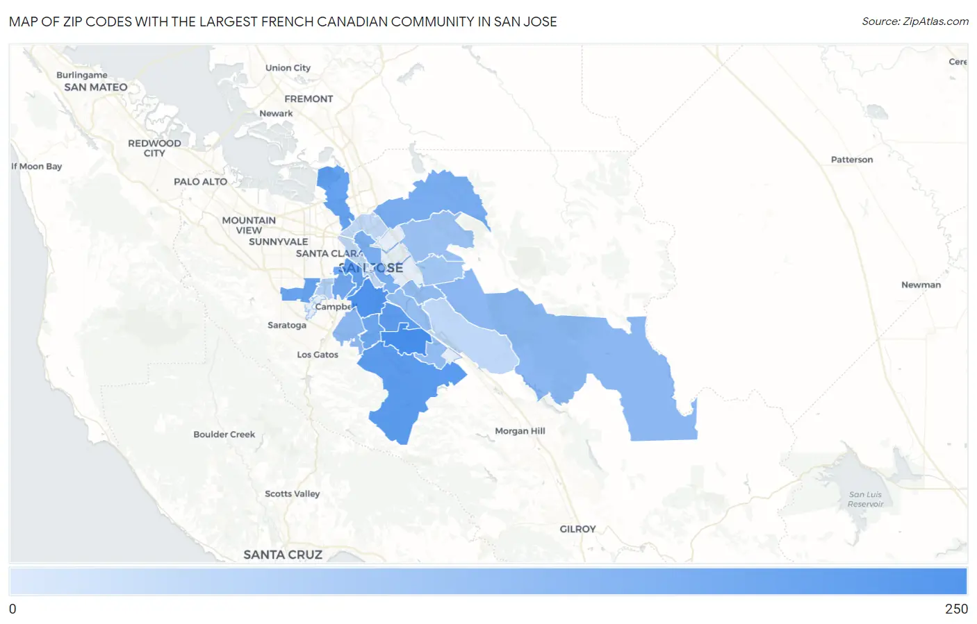 Zip Codes with the Largest French Canadian Community in San Jose Map