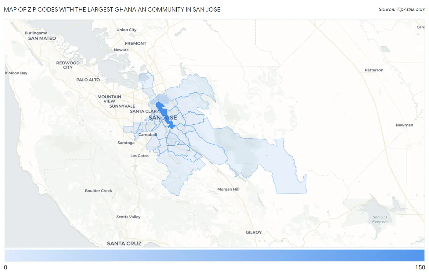 Zip Codes with the Largest Ghanaian Community in San Jose Map