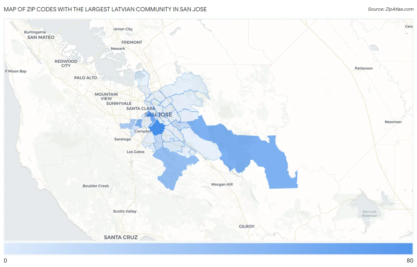 Zip Codes with the Largest Latvian Community in San Jose Map