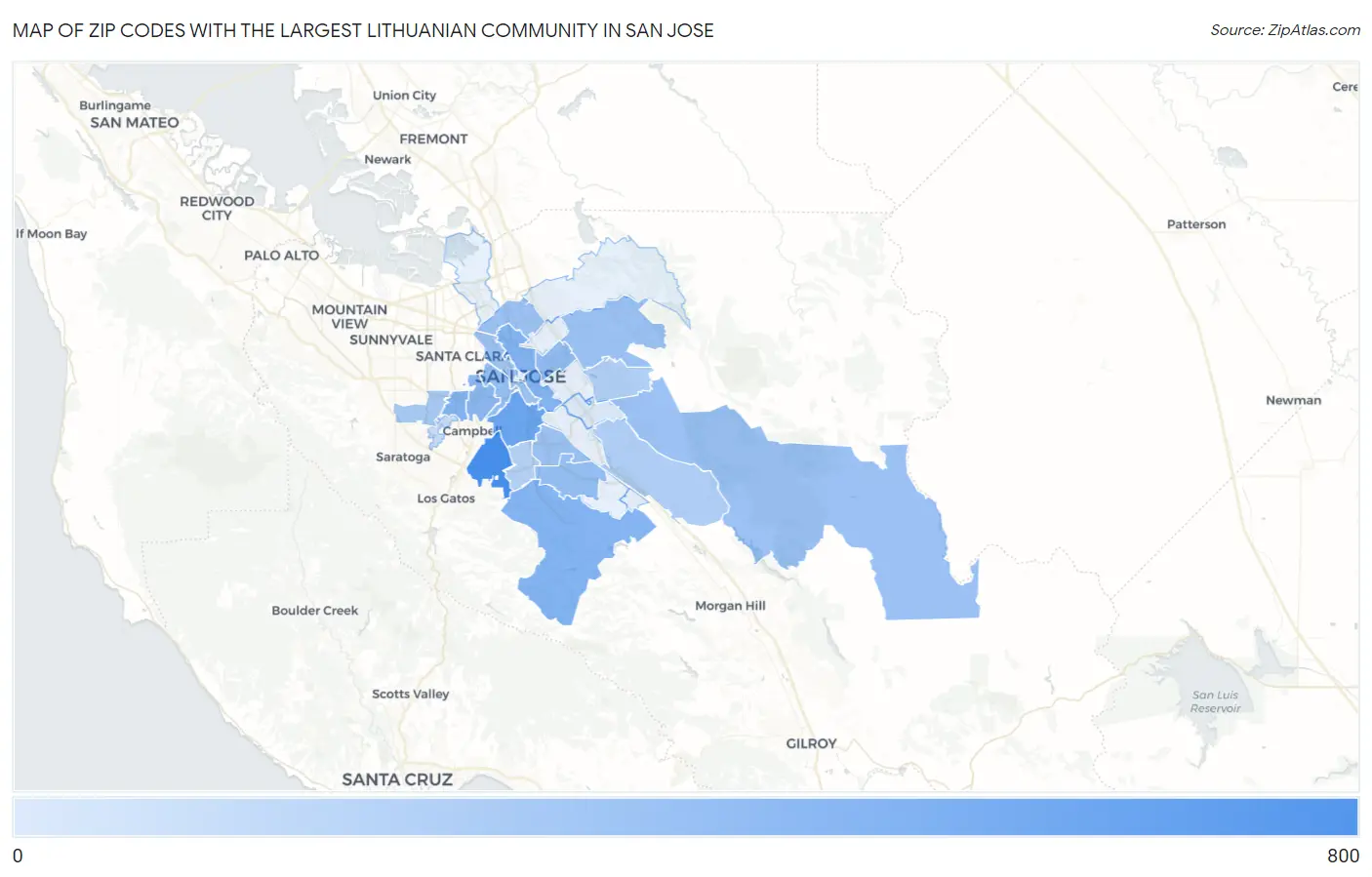 Zip Codes with the Largest Lithuanian Community in San Jose Map