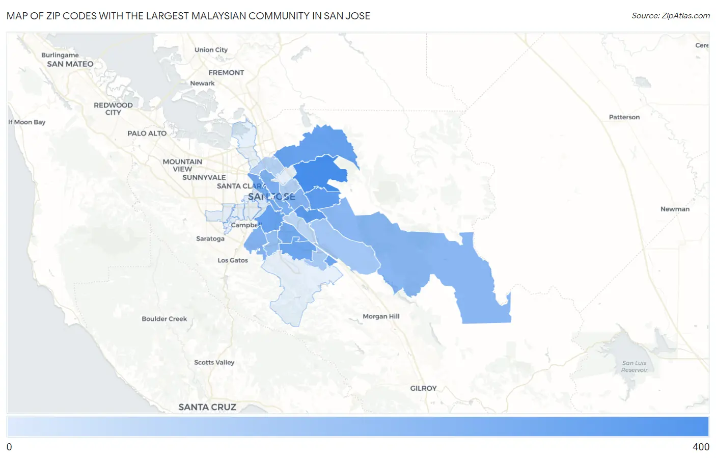Zip Codes with the Largest Malaysian Community in San Jose Map