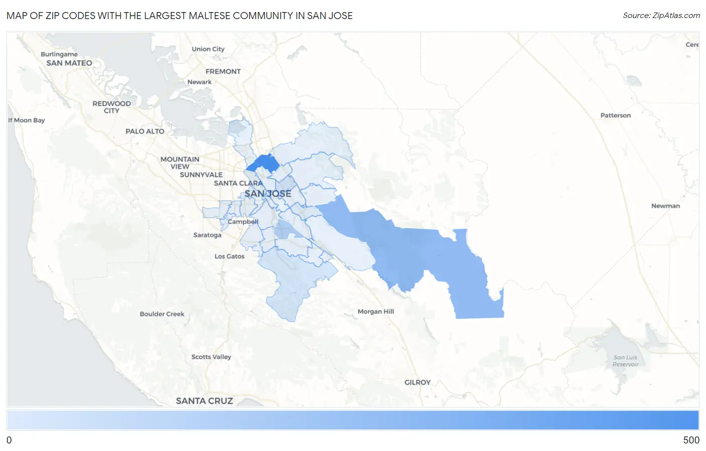 Zip Codes with the Largest Maltese Community in San Jose Map