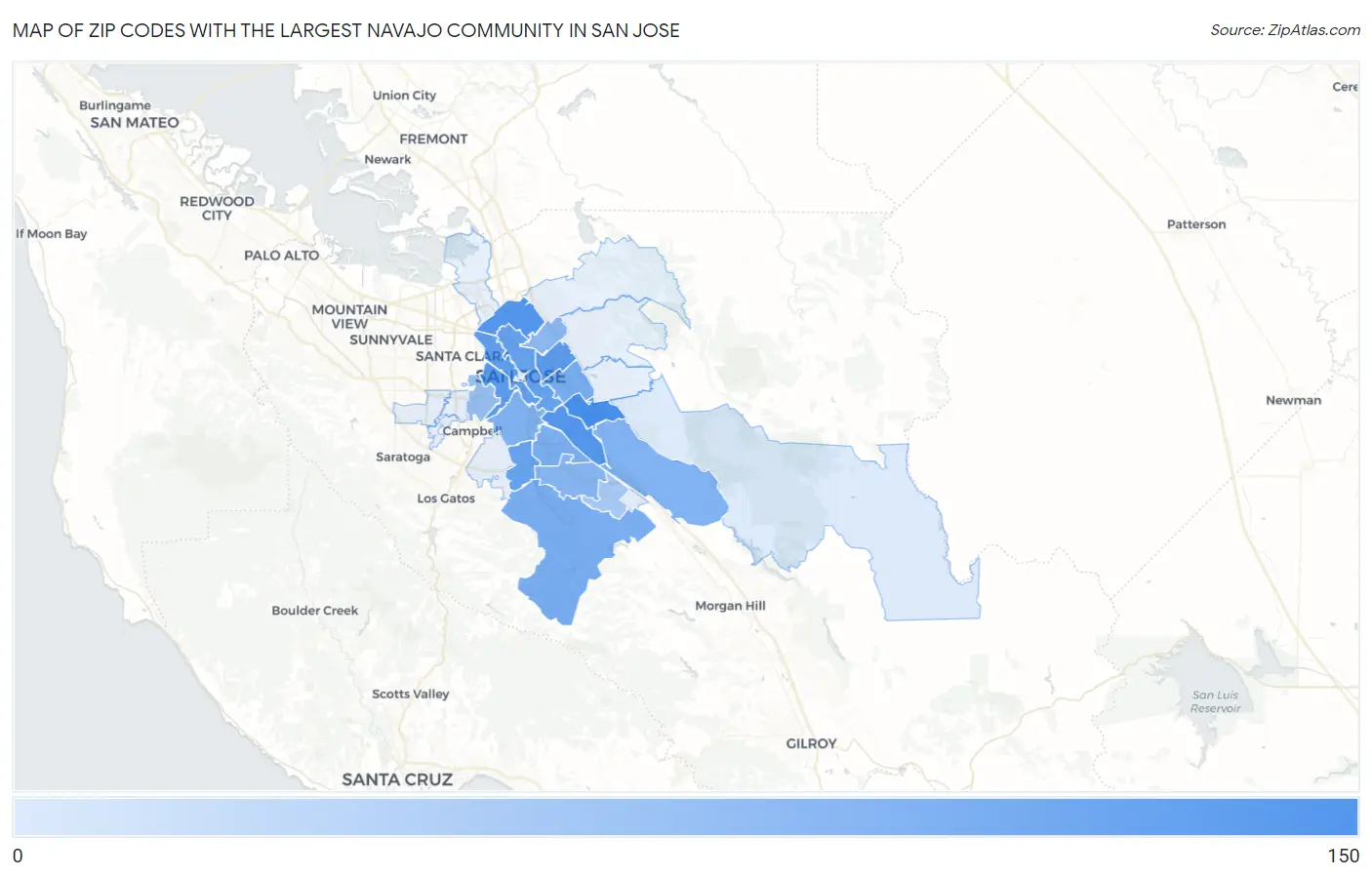 Zip Codes with the Largest Navajo Community in San Jose Map