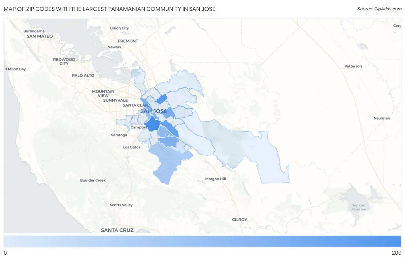 Zip Codes with the Largest Panamanian Community in San Jose Map