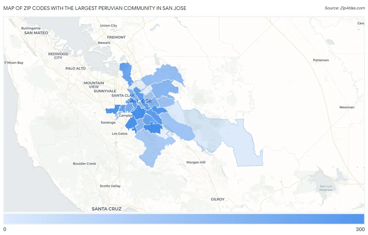 Zip Codes with the Largest Peruvian Community in San Jose Map