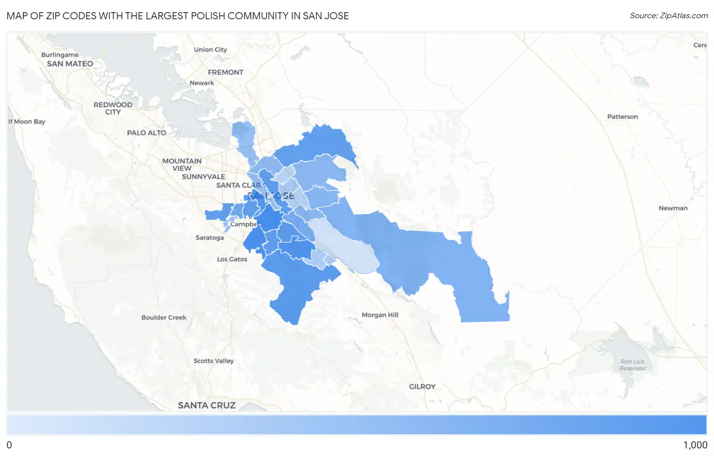 Zip Codes with the Largest Polish Community in San Jose Map