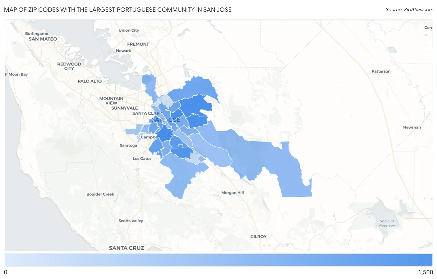 Zip Codes with the Largest Portuguese Community in San Jose Map