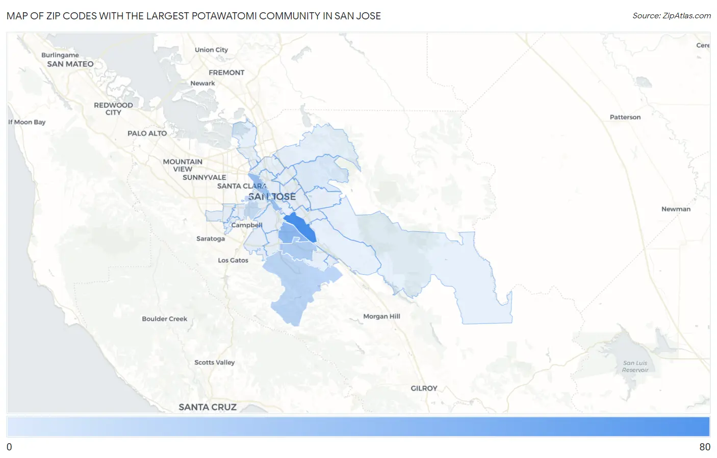 Zip Codes with the Largest Potawatomi Community in San Jose Map