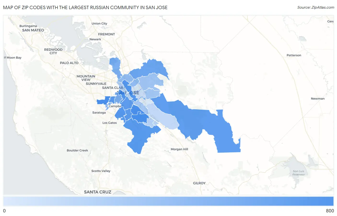 Zip Codes with the Largest Russian Community in San Jose Map