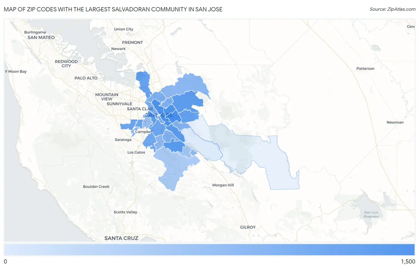 Zip Codes with the Largest Salvadoran Community in San Jose Map