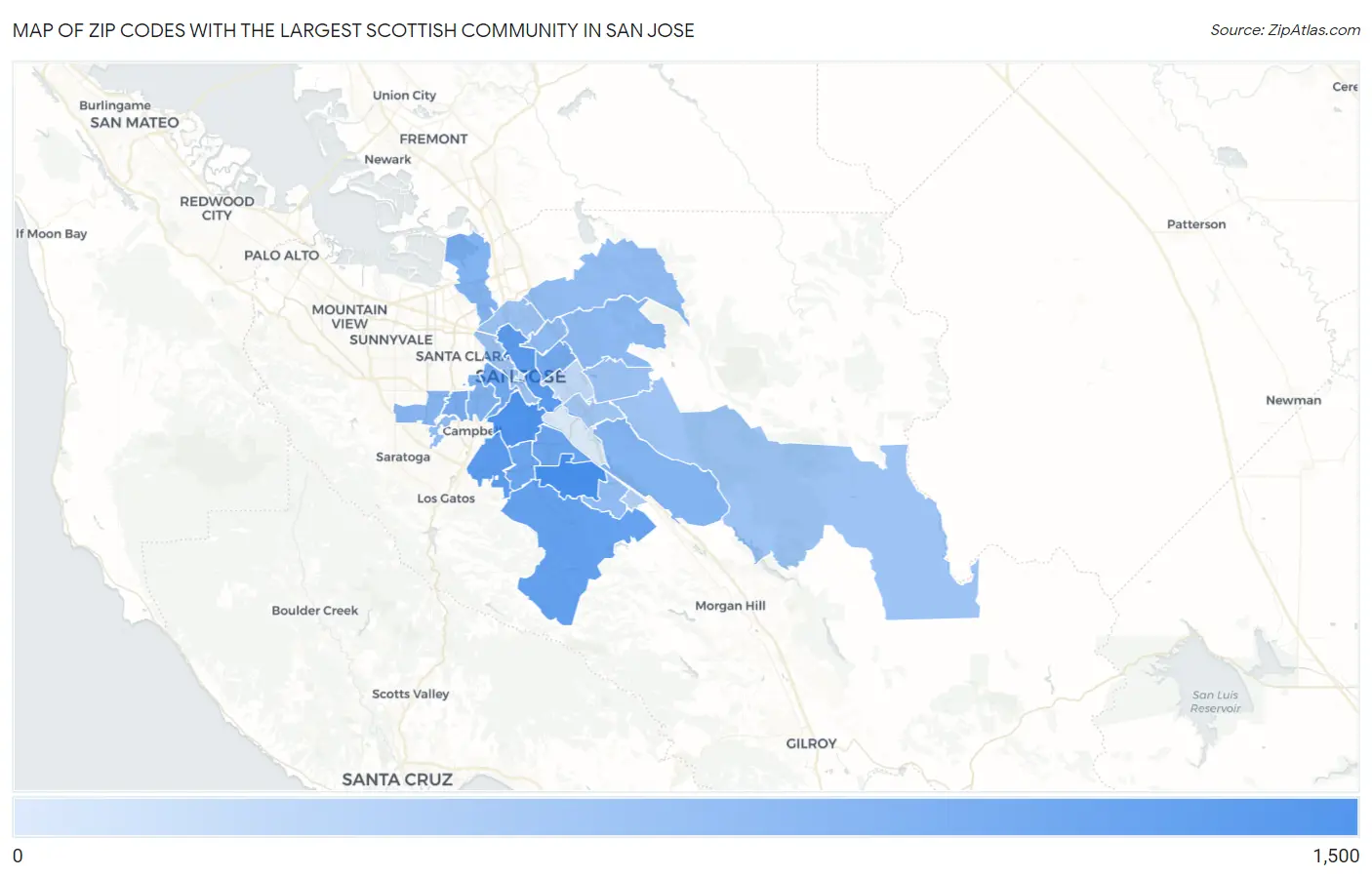 Zip Codes with the Largest Scottish Community in San Jose Map