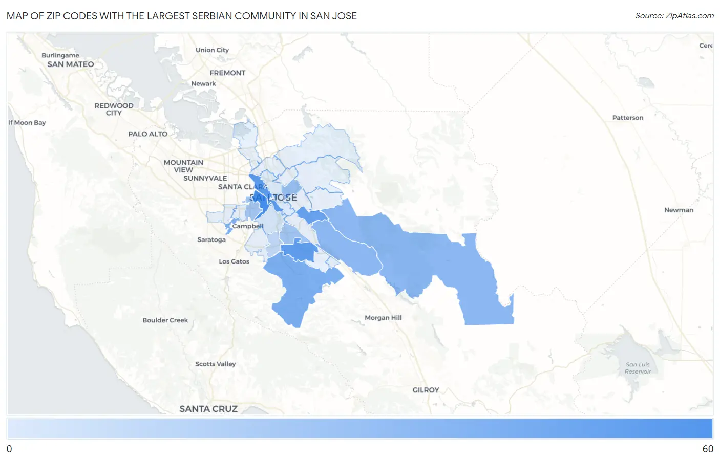 Zip Codes with the Largest Serbian Community in San Jose Map