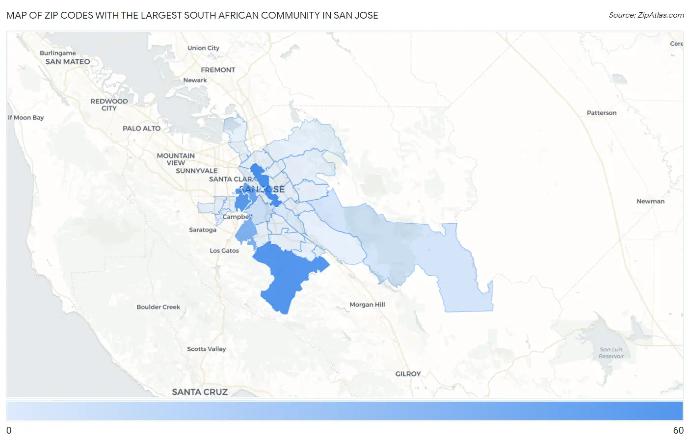 Zip Codes with the Largest South African Community in San Jose Map