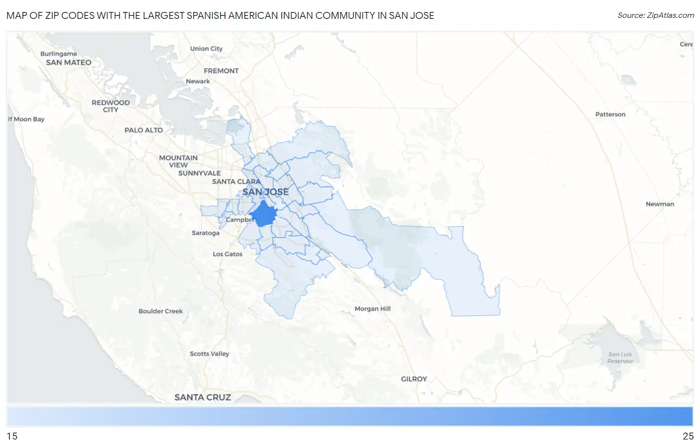 Zip Codes with the Largest Spanish American Indian Community in San Jose Map